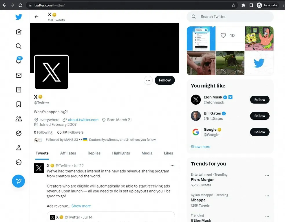 Twitter muda logotipo para "X" - Elon Musk.