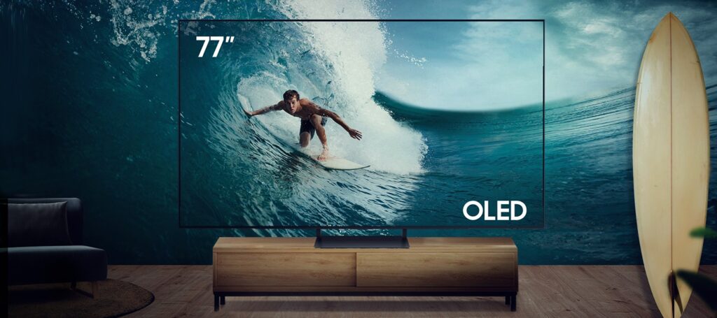 TVs OLED de 77 e QLED de 98 polegadas.